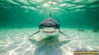 Rows of sharp white teeth show as a shark swims over sunlit sand in clear green water