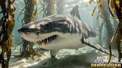 A great white shark moves through tall kelp under bright dappled sunlight