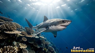 Swimming forward over a sunlit coral reef, a white shark turns in deep pale blue water