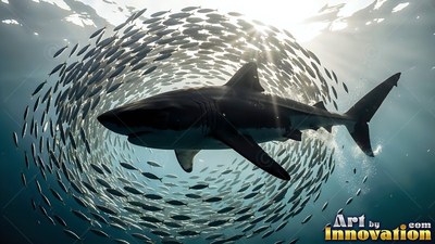 A shark swims through a swirling circle of small silver fish under sunny water