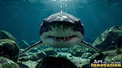 In sunlit blue water, a great white shark cruises forward over rocky ground