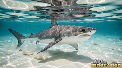 Swimming near the surface, a great white shark glides over sunny clean white sand
