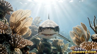A shark cruising forward over a coral reef in sunlight