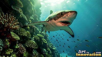 Open-mouthed with sharp teeth, a shark swims past sunlit coral reefs