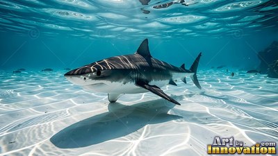 A shark swims over bright white sand, rippled with bright lines of sunlight