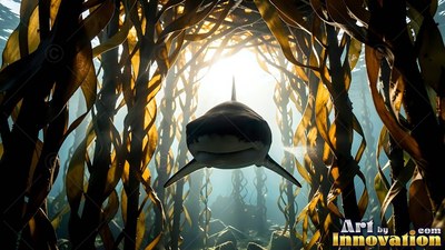 Facing forward, a shark glides through a sunlit brown kelp forest