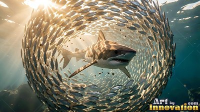 A shark swims inside a hollow ball of small fish in sunny blue water