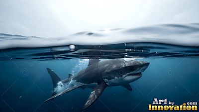 Just under choppy ocean waves, a great white shark swims through deep bright blue water