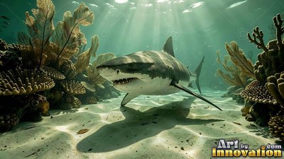 Swimming over pale sand, a great white shark glides past coral reefs in sunlit water
