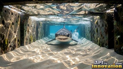 A shark swims forward through a concrete underwater tunnel over sand