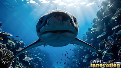 A pale snout leads a great white shark forward through clear bright blue water between coral walls in bright sunlight