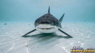 A shark swims forward over a white sandy seabed with bright sunlight rippling across the water