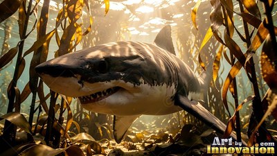 Swimming forward through a kelp forest, a white shark turns toward the sunlit water