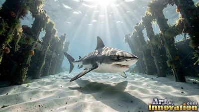A shark swims between old wooden pilings under bright sunlight over white sand