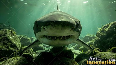 In green sunlit water, a shark swims forward over dark round boulders