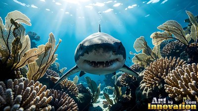Swimming forward, a shark bares its sharp teeth over a sunny coral reef