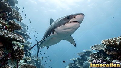 Shark swimming above a coral reef in clear deep blue water