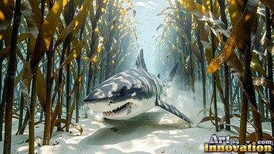 White underbelly showing, a great white shark swims along the sandy floor through a kelp forest