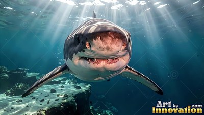 A great white shark glides forward under bright sunbeams in deep bright blue water