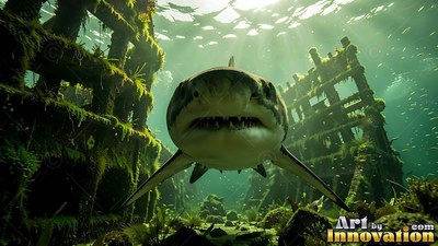 Facing forward, a shark swims between sunken wooden ruins in green water