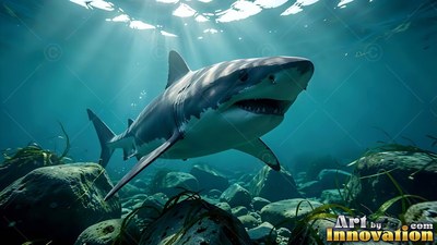 A great white shark travels under bright sunlight above a rocky ocean floor