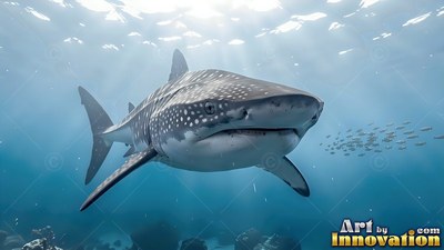 In sun lit blue water, a spotted whale shark swims toward the front