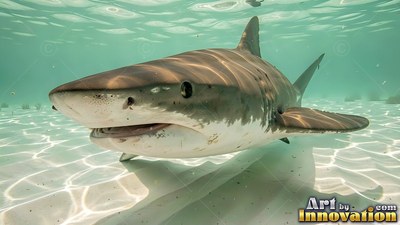 Swimming over bright white sand, a tiger shark glides through clear shallow water