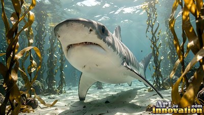 A dark gray shark swims forward over sandy seaf loor between kelp stems