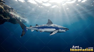 White belly showing, a shark swims in deep pale blue water under bright sun rays