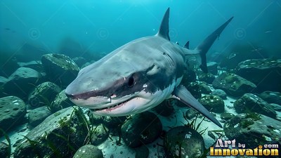 A shark swims over dark sea boulders under cool turquoise water light