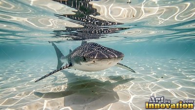 Facing forward, a whale shark passes through shallow water over sandy ground