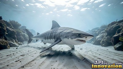 A gray tiger shark swims close to the white sandy sea floor near rocks