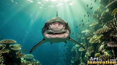 In a sunlit coral reef, a shark swims forward with its mouth slightly open