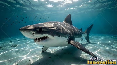Swimming over white sand, a great white shark glides through clear pale blue water