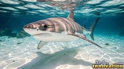 A slate gray shark moving in shallow water over bright white sand