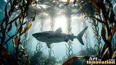 Pale belly facing forward, a shark swims through a sunny kelp forest underwater