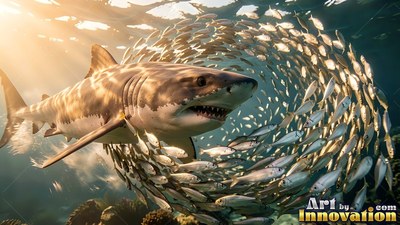 A shark swims through a swirling circle of small fish under warm sunlight