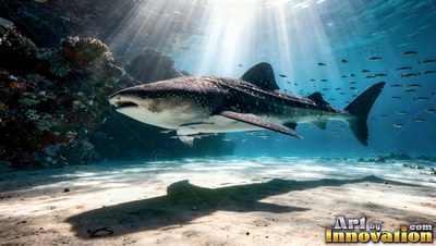 Swimming sideways over bright clean white sand, a whale shark casts a shadow in shallow clear blue water