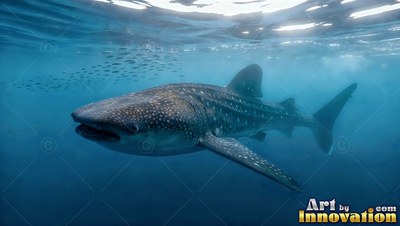 A spotted whale shark glides near the sunny surface in blue ocean water