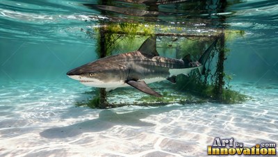 In clear shallow water, a gray shark swims near an overgrown metal frame