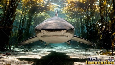 Swimming toward the viewer, a slate gray shark glides over sand between green kelp stalks