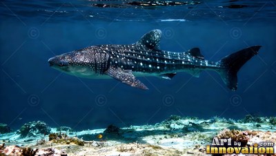 Whale shark cruising over a sandy seabed in clear deep blue water