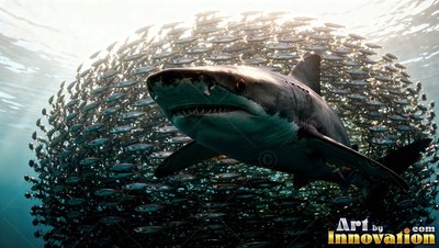 Pointed teeth show in the open jaw of a shark cruising in front of a dense school of fish under sunlit water