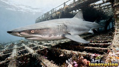 A sand tiger shark travels through a sunken shipwreck under pale blue ocean light