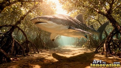 Swimming toward the front, a tiger shark glides over the sand in a mangrove forest