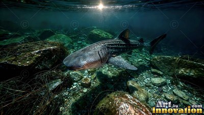 A spotted whale shark swims over green rocks under bright sunlight