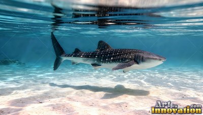 In clear shallow water, a spotted whale shark swims over a sandy bottom