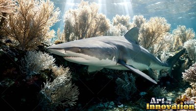 Swimming past pale coral, a dark gray shark glides under sunlight in shallow water