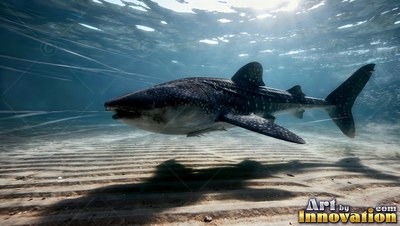 Whale shark swims over a shallow, rippled sandy seabed