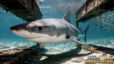 A great white shark swims under a sunken metal dock in bright turquoise water